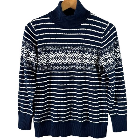 L.L.Bean Navy Fair Isle Stripe Cotton Cashmere Turtleneck Sweater Size Large - Picture 2 of 6